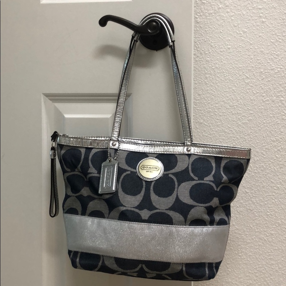 Coach navy & silver small tote excellent condition